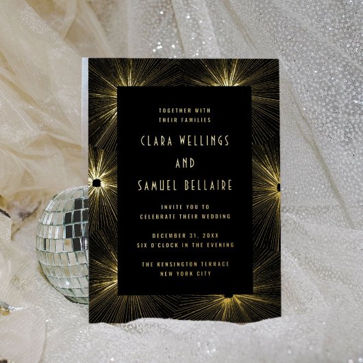 Modern Deco Black Wedding Gold Foil Uitnodiging