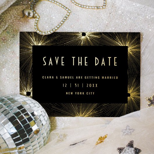 Modern deco Black Wedding Save the Date Gold Foil Folie Uitnodiging Briefkaart