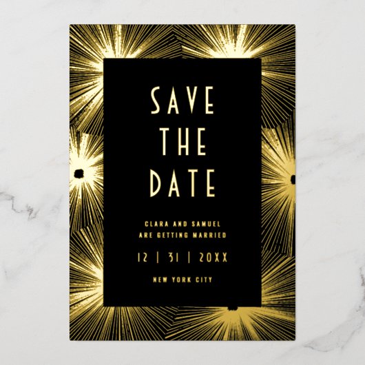 Modern deco Black Wedding Save the Date Gold Folie Uitnodiging (Voorkant)