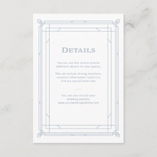 Modern Deco | Details witte en blauwe bruiloft Informatiekaartje (Voorkant)