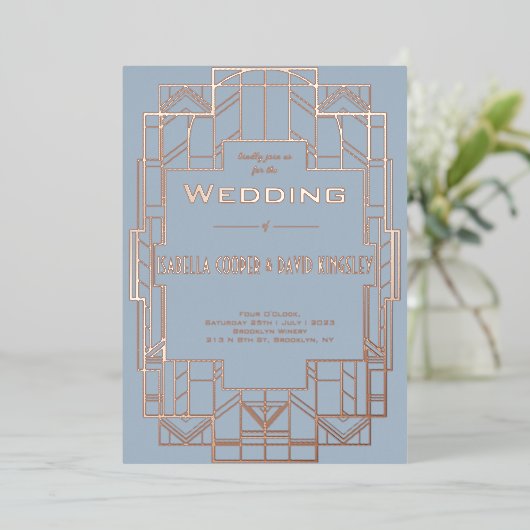 Modern Deco Dusty Blue I Folie Invitation Folie Uitnodiging (Staand Voorkant)