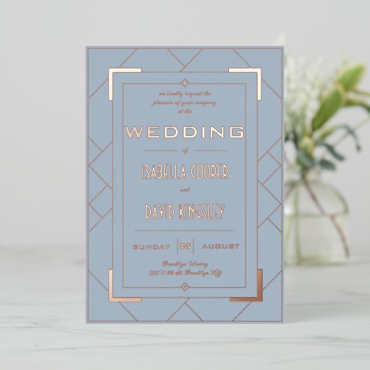 Modern Deco Dusty Blue I Folie Invitation Folie Uitnodiging (Staand Voorkant)
