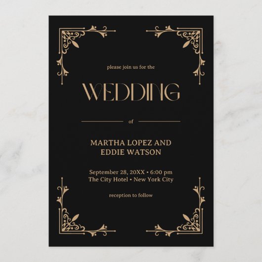 Modern Deco | Elegant Black and Gold Wedding Kaart (Voorkant)