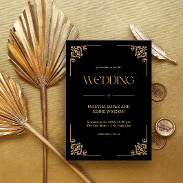 Modern Deco | Elegant Black and Gold Wedding Kaart