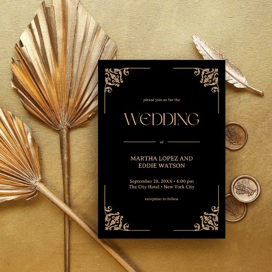 Modern Deco | Elegant Black and Gold Wedding Kaart