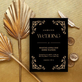 Modern Deco | Elegant Black and Gold Wedding Kaart