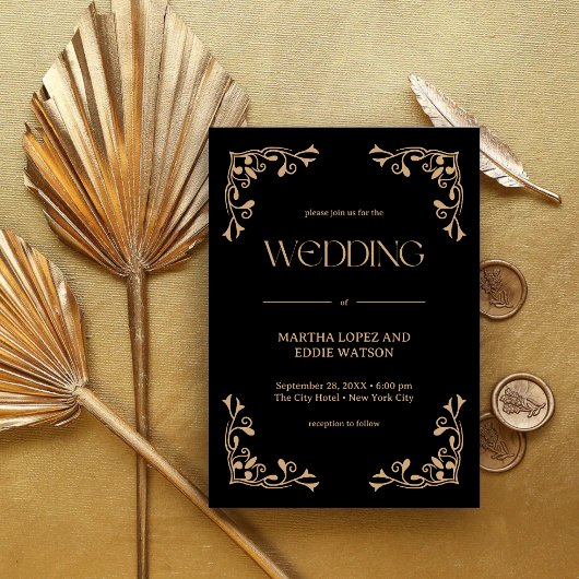 Modern Deco | Elegant Black and Gold Wedding Kaart