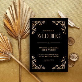 Modern Deco | Elegant Black and Gold Wedding Kaart