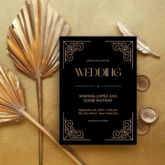 Modern Deco | Elegant Black and Gold Wedding Kaart