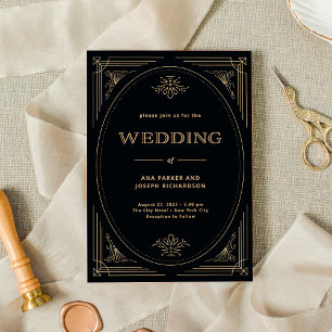 Modern Deco   Elegant Black and Gold Wedding Kaart
