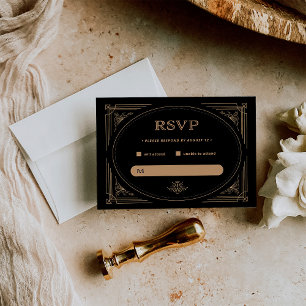 Modern Deco   Elegant Black and Gold Wedding RSVP Kaartje