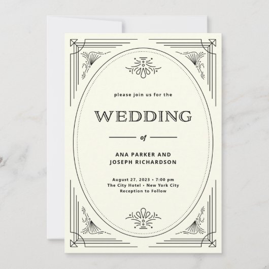 Modern Deco | Elegant Black and Ivory Wedding Kaart (Voorkant)