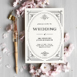 Modern Deco | Elegant Black and White Wedding Kaart<br><div class="desc">Deze glamoureuze uitnodigingen voor een zwarte en witte bruiloft zijn voorzien van een moderne draai op een klassiek kunstdeco. Een ,  zwart geometrisch lijst en versiering versieren een elegante witte achtergrond voor een dramatisch,  vintage bruiloft.</div>