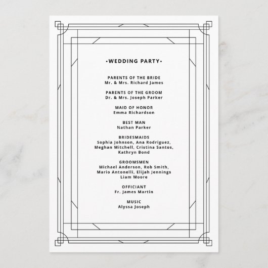 Modern Deco | Elegant Black and White Wedding Programmakaart (Achterkant)