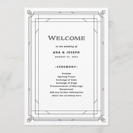 Modern Deco | Elegant Black and White Wedding Programmakaart (Voorkant)