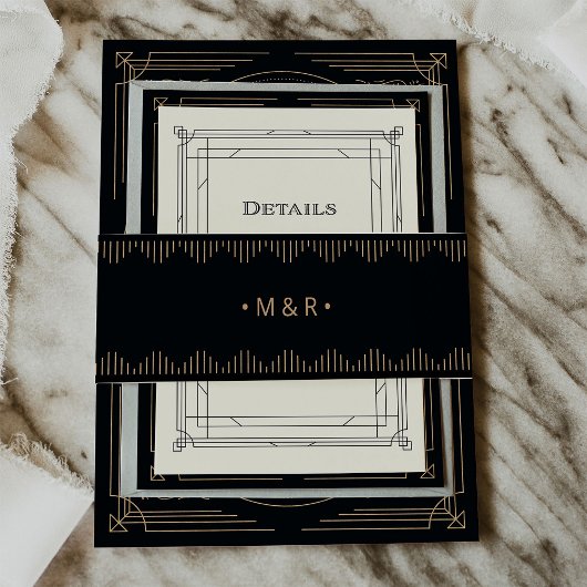 Modern Deco | Elegant Black en Faux Gold Wedding Uitnodigingen Wikkel