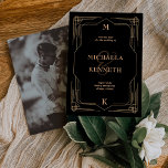 Modern Deco | Elegant Black en Gold Photo Back Save The Date<br><div class="desc">Deze glamoureuze bruiloft,  behalve de datumkaarten,  is voorzien van een moderne centrifuge op een klassiek kunstdeco. Een ,  faux goud geometrisch lijst en versiering versieren een elegante zwarte achtergrond voor een dramatische,   blik. Je favoriete foto gaat achteraan.</div>