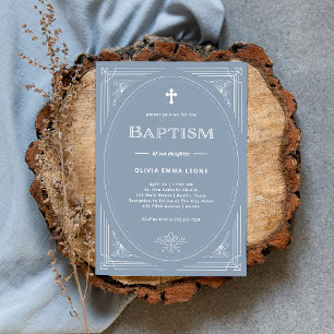 Modern Deco Elegant Dusty Blue en White Baptism Kaart