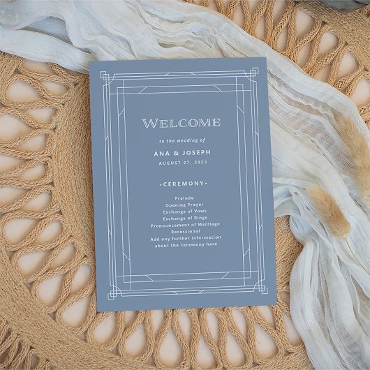 Modern Deco | Elegant Dusty Blue en White Wedding Programmakaart