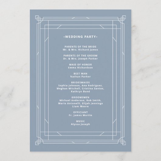 Modern Deco | Elegant Dusty Blue en White Wedding Programmakaart (Achterkant)
