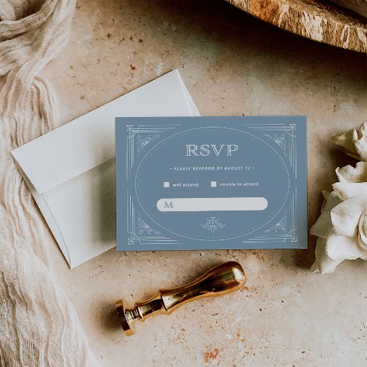 Modern Deco | Elegant Dusty Blue en White Wedding RSVP Kaartje