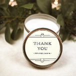 Modern Deco | Elegant Ivory and Black Wedding Ronde Sticker<br><div class="desc">Deze glamoureuze trouwstickers zijn voorzien van een moderne spion op een klassiek kunstdeco. ,  zwarte geometrische grenzen en versiering vormen een elegante ivoren achtergrond voor een dramatische,  vintage bruiloft. Klassieke zwarte typografie zegt "bedankt",  waardoor deze perfecte aanvulling zijn op je huwelijksgunsten.</div>