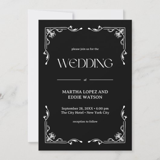 Modern Deco | Elegant Onyx Black and White Wedding Kaart (Voorkant)