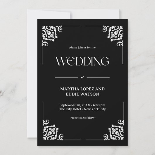 Modern Deco | Elegant Onyx Black and White Wedding Kaart (Voorkant)