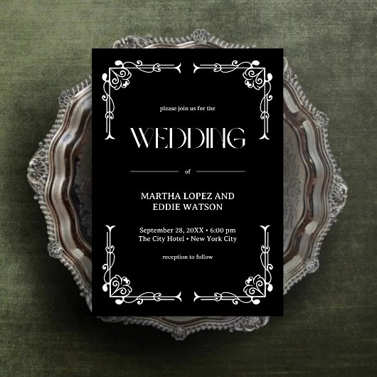 Modern Deco | Elegant Onyx Black and White Wedding Kaart