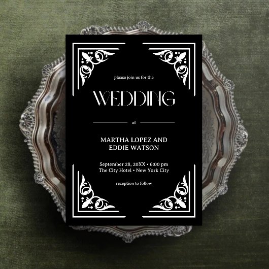 Modern Deco | Elegant Onyx Black and White Wedding Kaart