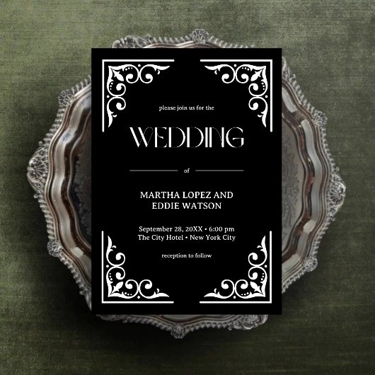 Modern Deco | Elegant Onyx Black and White Wedding Kaart