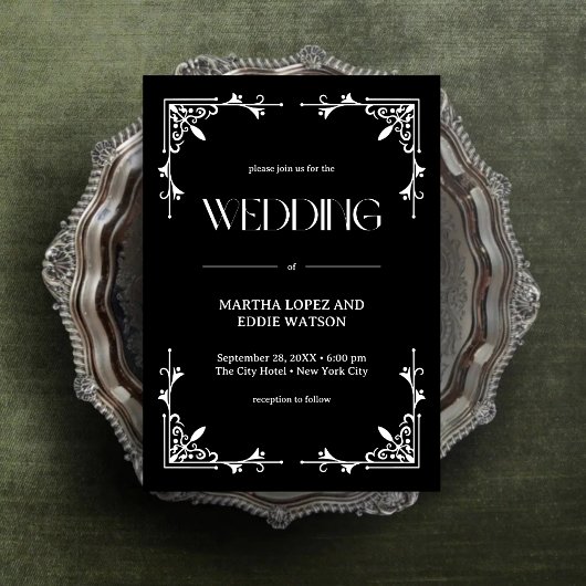 Modern Deco | Elegant Onyx Black and White Wedding Kaart
