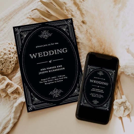 Modern Deco | Elegant Onyx Black and White Wedding Kaart