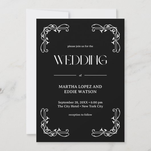 Modern Deco | Elegant Onyx Black and White Wedding Kaart (Voorkant)