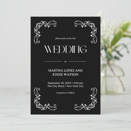 Modern Deco | Elegant Onyx Black and White Wedding Kaart (Staand voorkant)