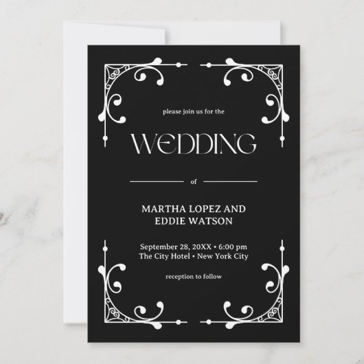 Modern Deco | Elegant Onyx Black and White Wedding Kaart (Voorkant)