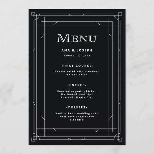 Modern Deco | Elegant Onyx Black and White Wedding Menu (Voorkant)
