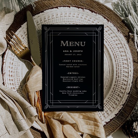 Modern Deco | Elegant Onyx Black and White Wedding Menu