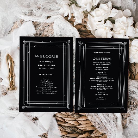 Modern Deco | Elegant Onyx Black and White Wedding Programmakaart