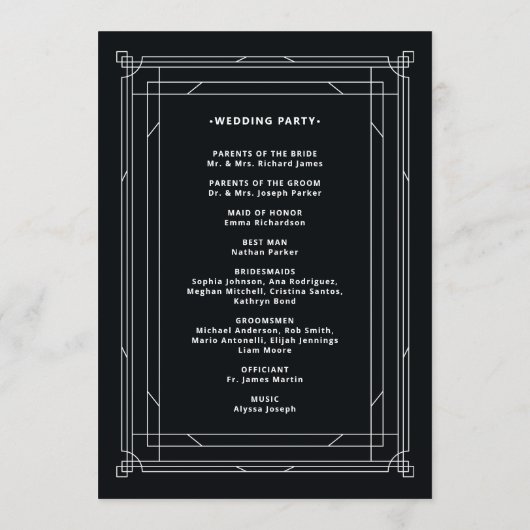 Modern Deco | Elegant Onyx Black and White Wedding Programmakaart (Achterkant)