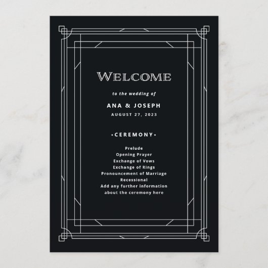 Modern Deco | Elegant Onyx Black and White Wedding Programmakaart (Voorkant)