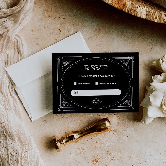Modern Deco | Elegant Onyx Black and White Wedding RSVP Kaartje