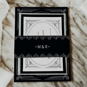 Modern Deco   Elegant Onyx Black met Monogrammen Uitnodigingen Wikkel