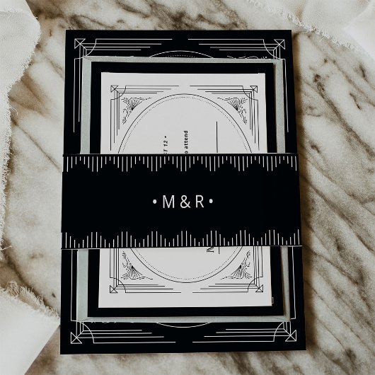 Modern Deco | Elegant Onyx Black met Monogrammen Uitnodigingen Wikkel