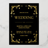 Modern Deco | Elegant Wedding Black en Gold Folie Uitnodiging (Voorkant)