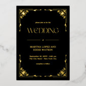 Modern Deco | Elegant Wedding Black en Gold Folie Uitnodiging (Voorkant)