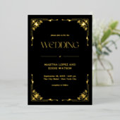 Modern Deco | Elegant Wedding Black en Gold Folie Uitnodiging (Staand Voorkant)