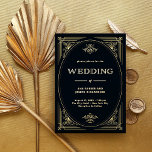 Modern Deco | Elegant Wedding Black en Gold Folie Uitnodiging<br><div class="desc">Deze glamoureuze gouden bruinbruidsuitnodigingen zijn een moderne spin op klassiek kunstdeco. Een ,  gouden geometrisch lijst en versiering maken een elegante donkerzwarte achtergrond voor een dramatisch,  glamoureus en  huwelijk uit 1920.</div>
