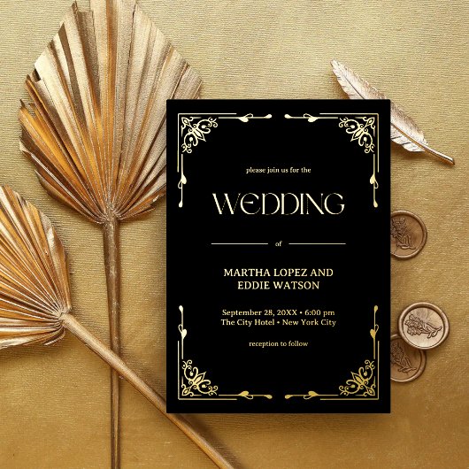 Modern Deco | Elegant Wedding Black en Gold Folie Uitnodiging