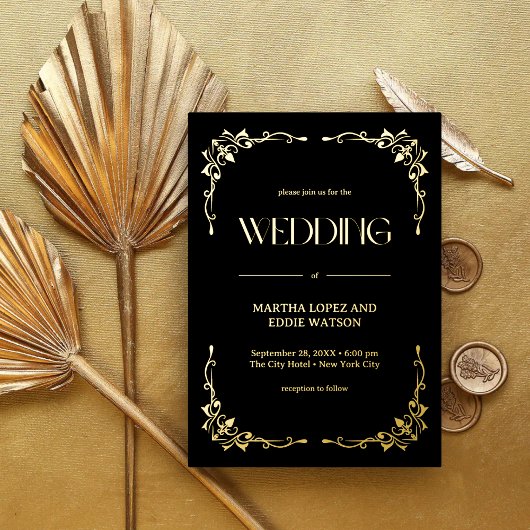 Modern Deco | Elegant Wedding Black en Gold Folie Uitnodiging